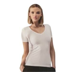 Wolford Hampton Shirt Size Large 51189 V-neck Black Short Sleeves Ribbed Trim